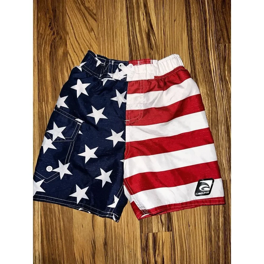 Laguna OP Crazy 8 Swimming Trunks Boys Size 3T Toddler American Flag Red White‎